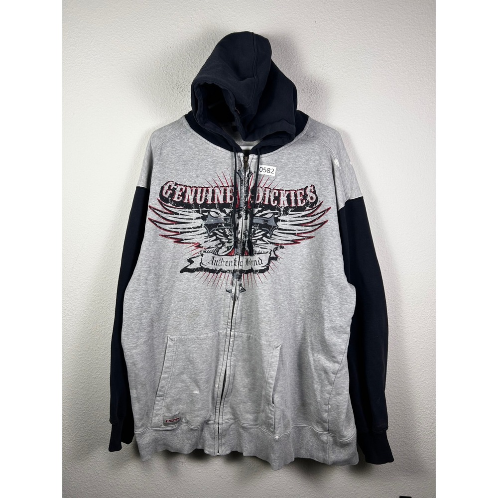 Vtg Y2k Dickies Gray Black Graphic Print Full Zip Hoodie 2XL Skater Grunge